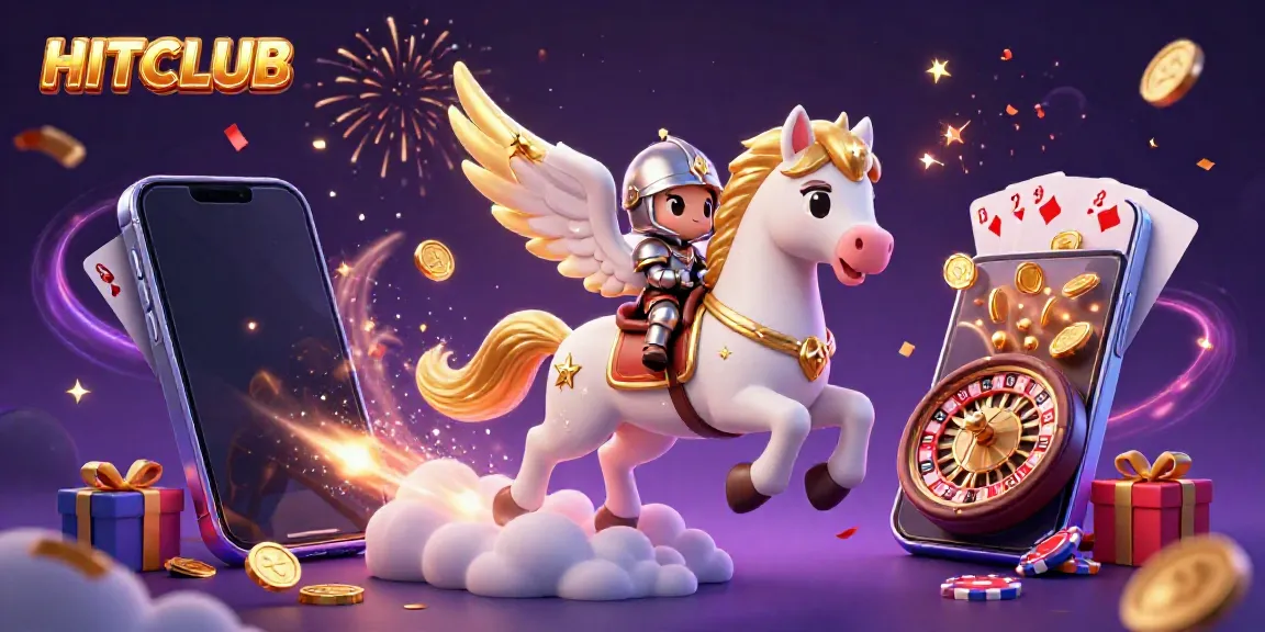 Experience exhilarating gameplay at HITCLUB with a vibrant scene of a knight and a celestial horse amidst slot games, confetti, and celebration.