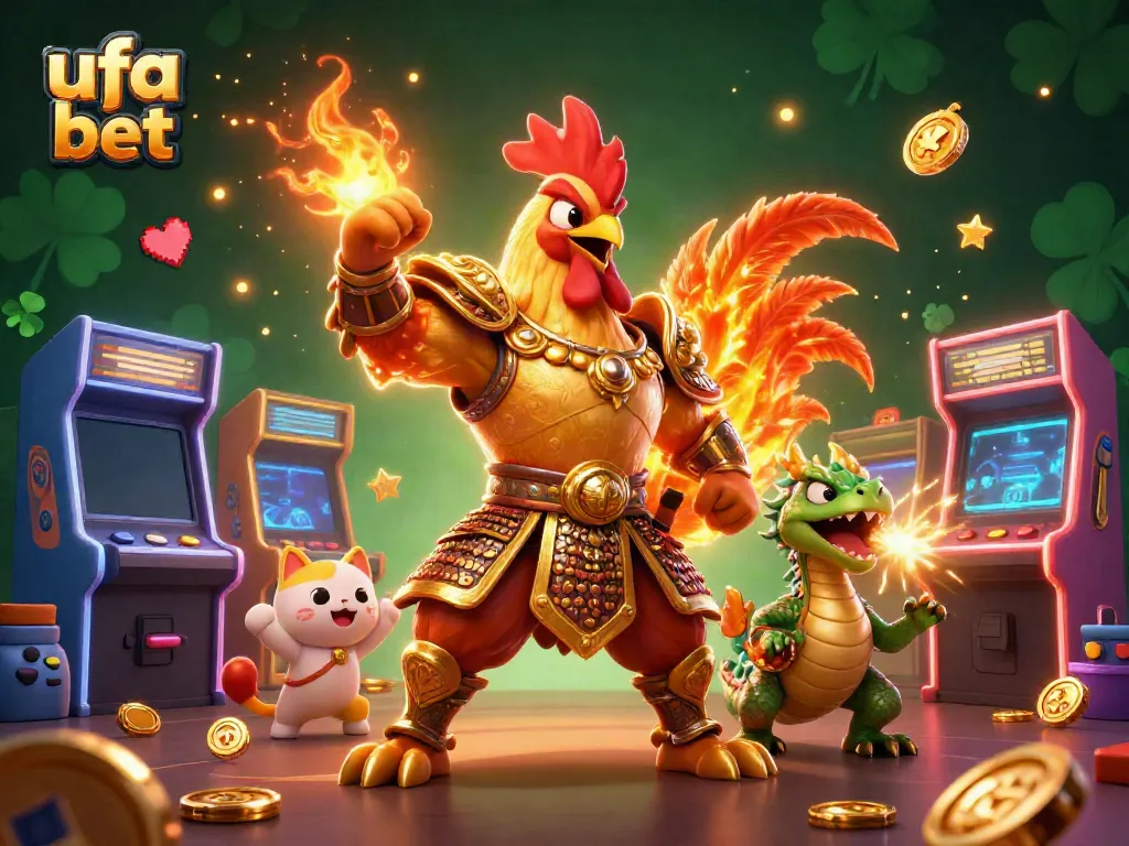 Engage with ufa bet in this vibrant 3D scene, featuring a fighting rooster and dragon amidst casino games.