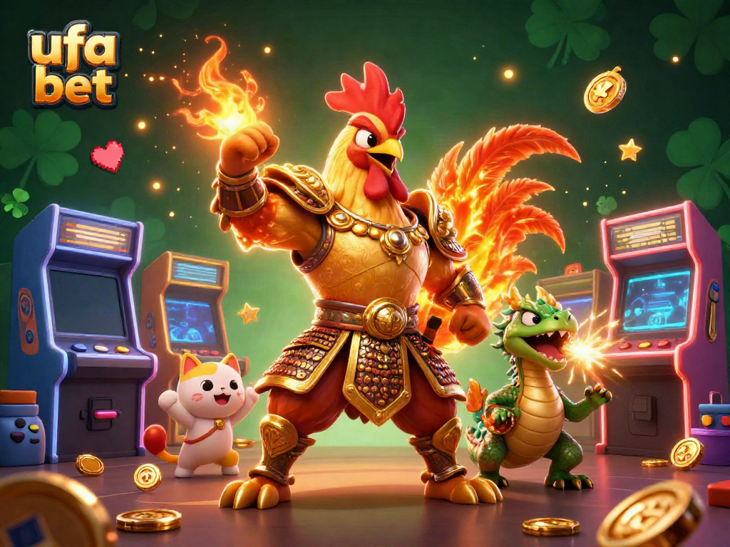 Engage with ufa bet in this vibrant 3D scene, featuring a fighting rooster and dragon amidst casino games.