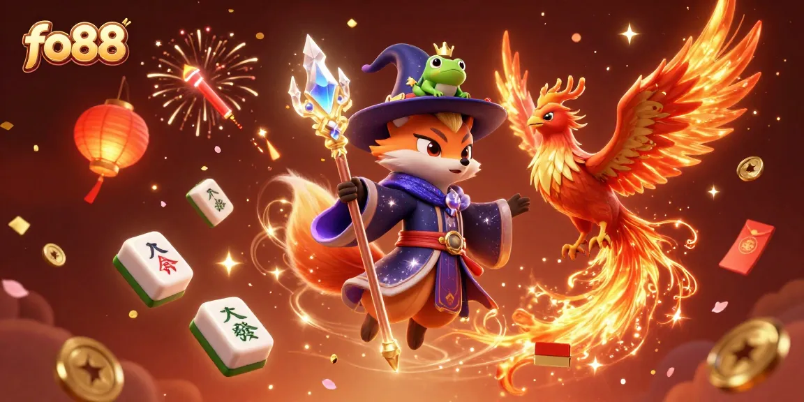 Experience fo88 excitement with a mystical fox casting magic alongside a phoenix, amidst vibrant gaming symbols.