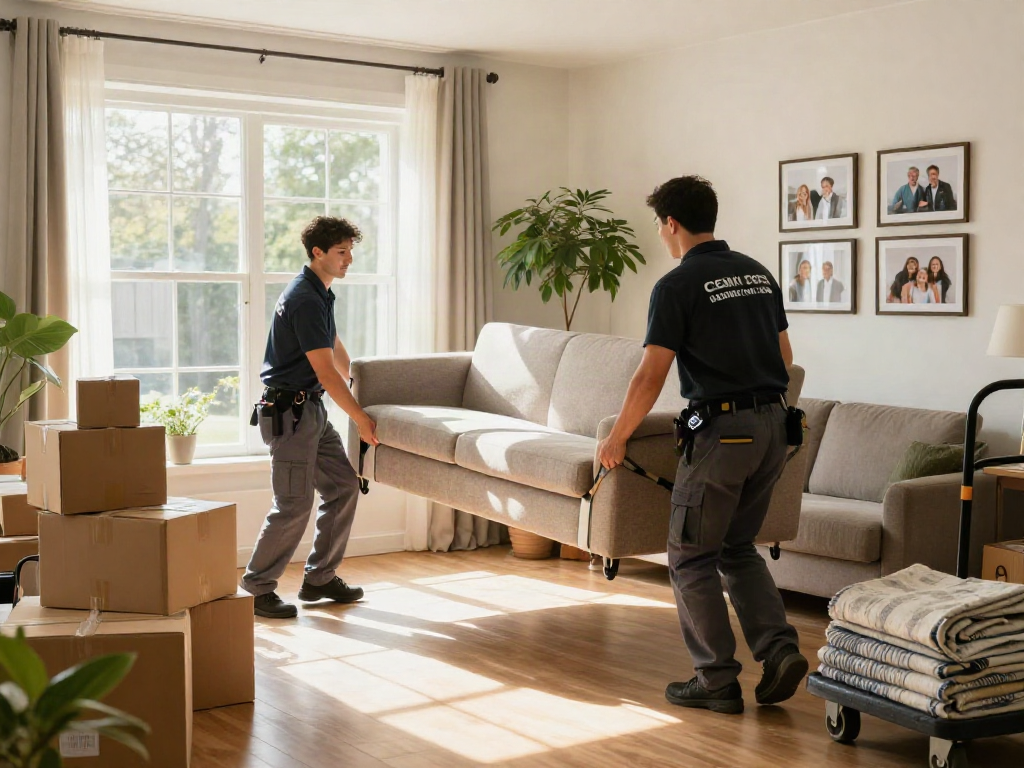Furniture movers expertly lifting a sofa in a bright living room, showcasing professional relocation services.