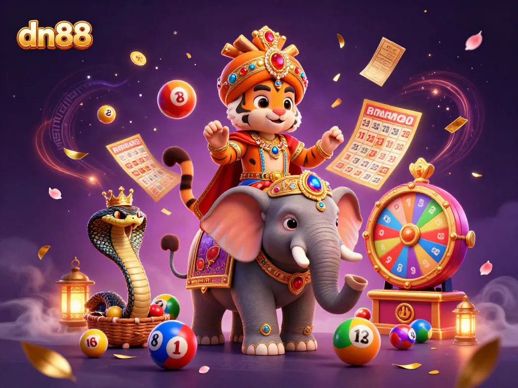 Engage with dn88's vibrant casino world featuring a maharaja tiger, jewels, and dynamic lottery elements.