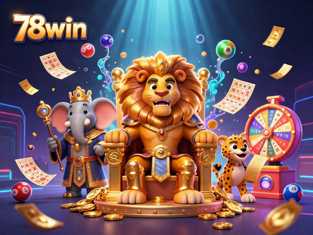 Experience thrilling wins with 78win amidst colorful lottery elements and regal characters