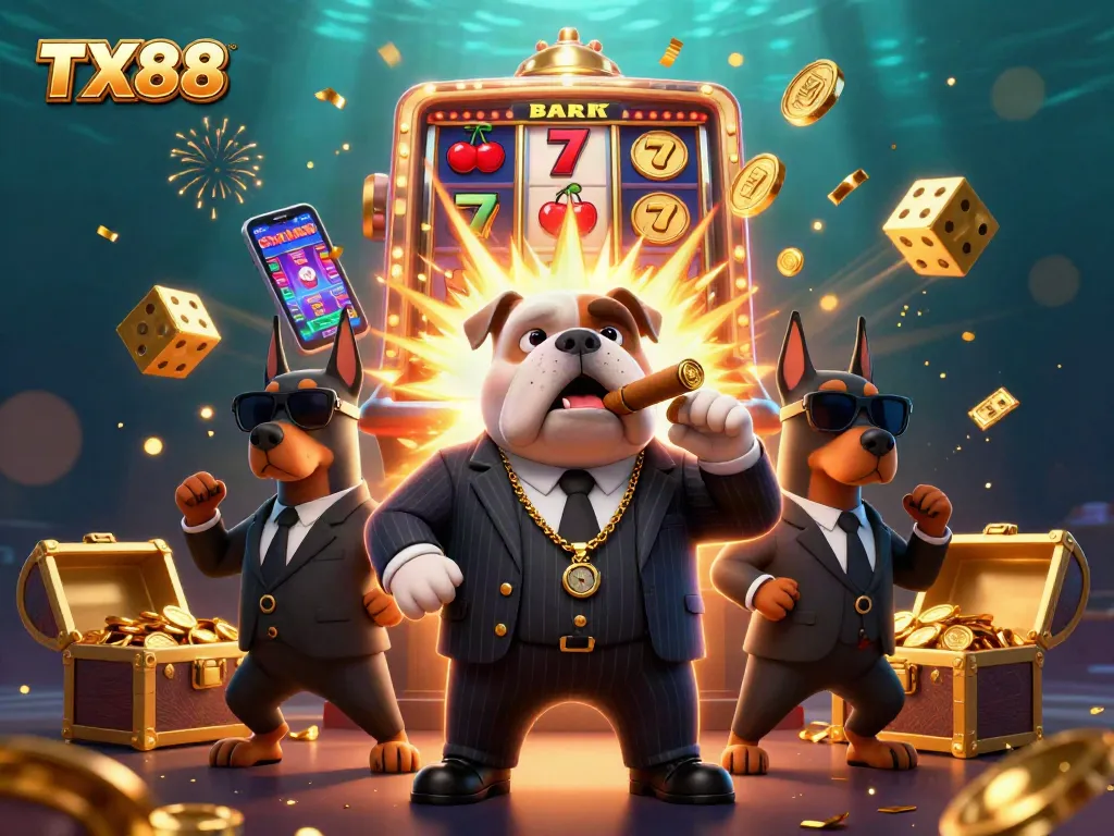 Enjoy the thrill of TX88 with a vibrant casino scene showcasing animated characters and slot machine action