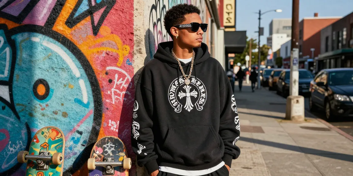 Stylish individual showcasing Chrome Hearts hoodie and accessories in urban setting