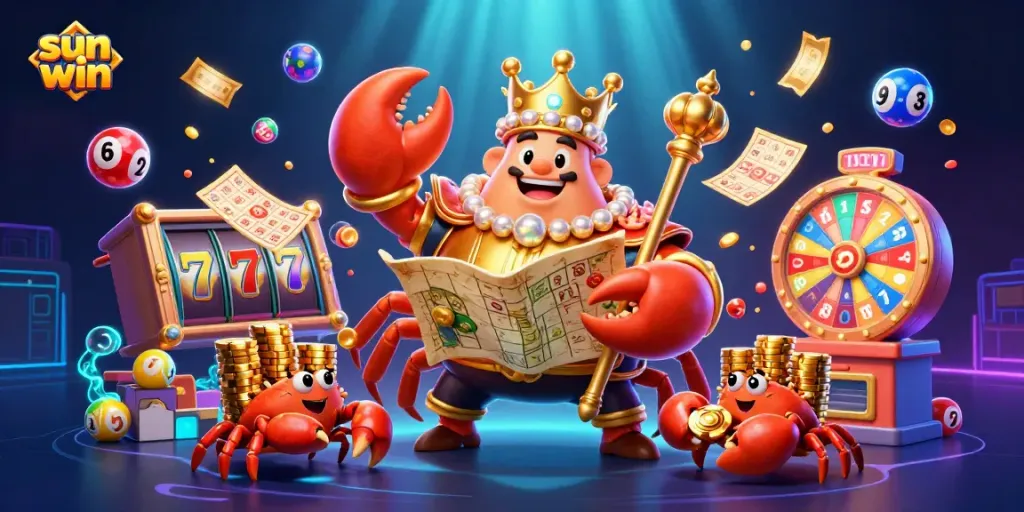 sun win jackpot scene with a golden crab emperor, colorful lottery balls, and gold chips flying around