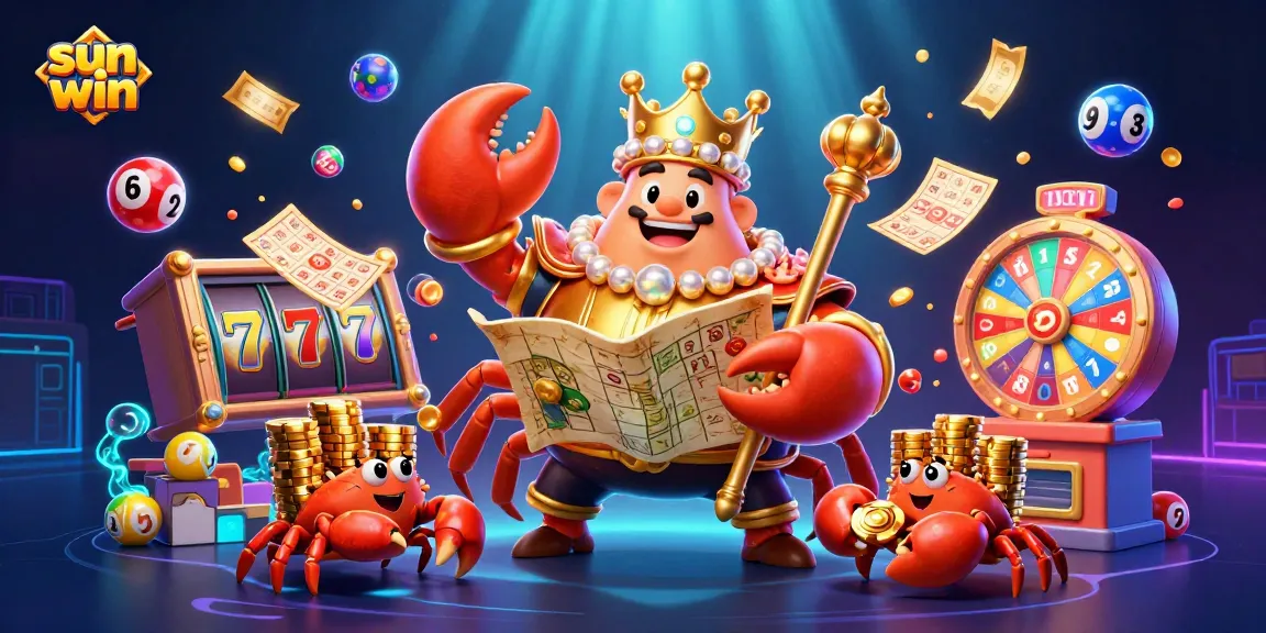sun win jackpot scene with a golden crab emperor, colorful lottery balls, and gold chips flying around