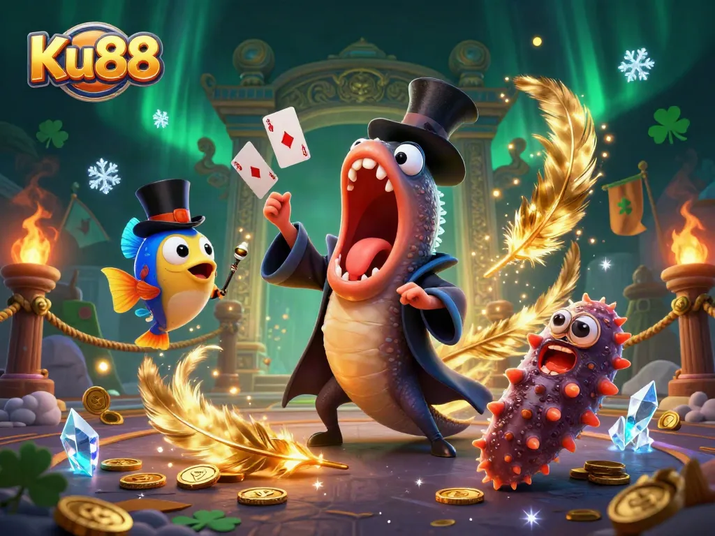 Engage with Ku88's immersive casino experience enhanced by magical underwater characters in this vivid illustration.