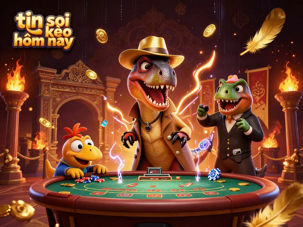 Experience the excitement of tin soi kèo hôm nay with a cartoon dinosaur casino scene featuring unique characters.