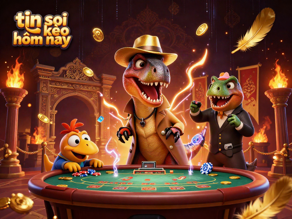 Experience the excitement of tin soi kèo hôm nay with a cartoon dinosaur casino scene featuring unique characters.