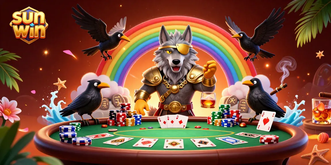 Engage in thrilling gameplay at sun win with poker elements and awesome characters in a vibrant casino scene.