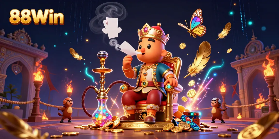 Engage in thrilling high-stakes gameplay at 88Win with an enchanting 3D illustration featuring a hookah-master and vibrant casino elements.