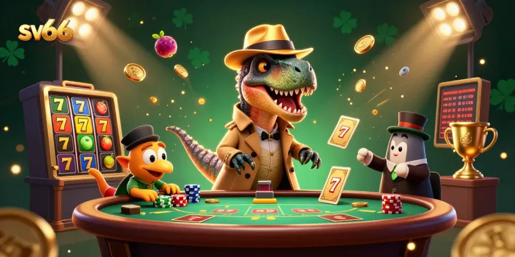 Experience sv66's vibrant casino atmosphere with a velociraptor card counter at the blackjack table.