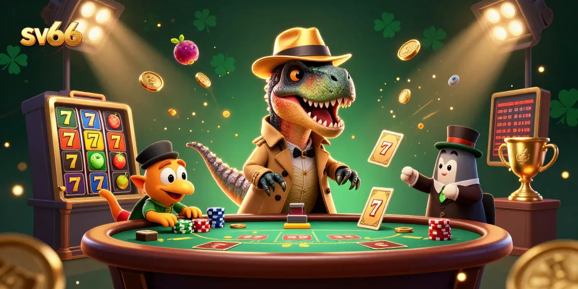 Experience sv66's vibrant casino atmosphere with a velociraptor card counter at the blackjack table.