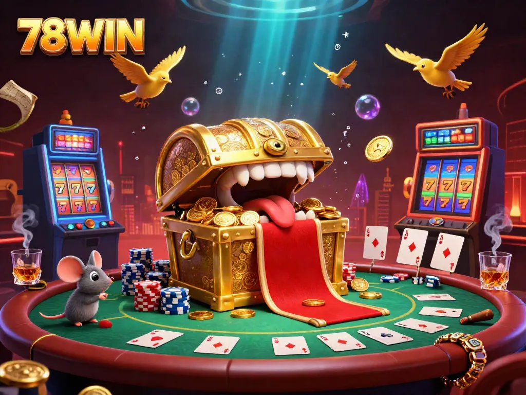 Experience the vibrant casino ambiance with 78WIN's dynamic treasure chest illustration, filled with gaming excitement.