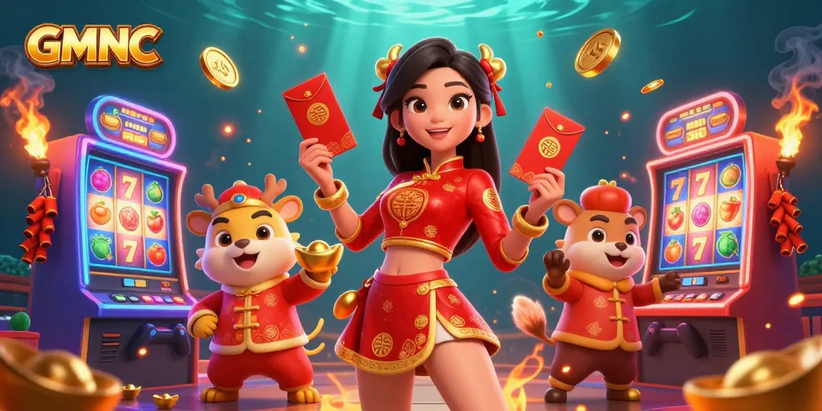 Experience GMNC's vibrant casino world, featuring an Asian woman with lucky symbols and slot machines.