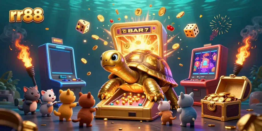 Experience the exciting RR88 casino gameplay with vibrant scenes of slot machines and animated characters.