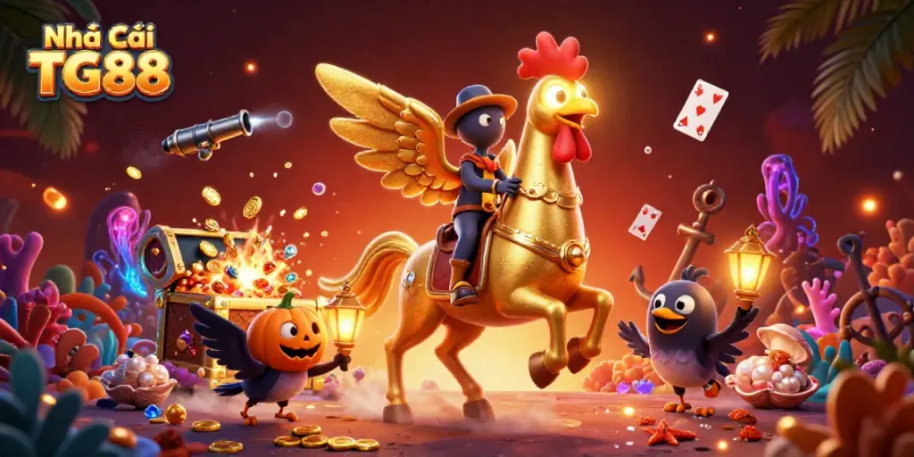 Engage with intense gaming action at Nhà Cái TG88, where the golden rooster rides through a vibrant, magical casino.