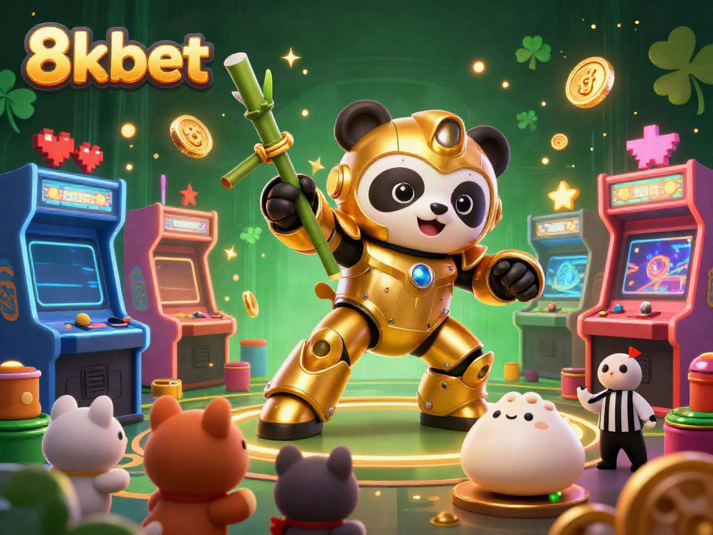 Engage with thrilling action at 8kbet with a golden panda piloting a fighting robot amidst vibrant casino games.