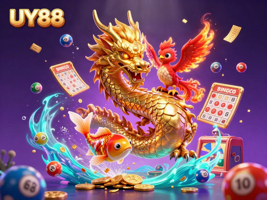 Experience thrilling action at UY88 with a vibrant 3D casino illustration featuring dragons and dynamic gaming elements.
