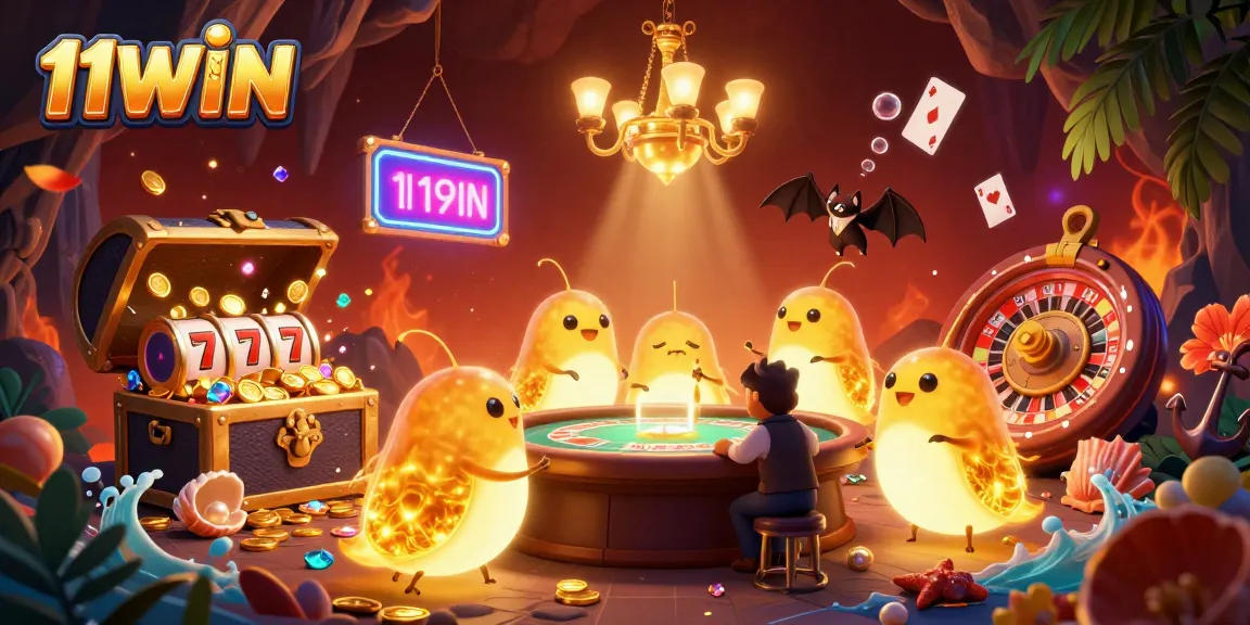 Experience the vibrant 11WIN casino scene with glowworms and a bat dealer in an exciting setting.
