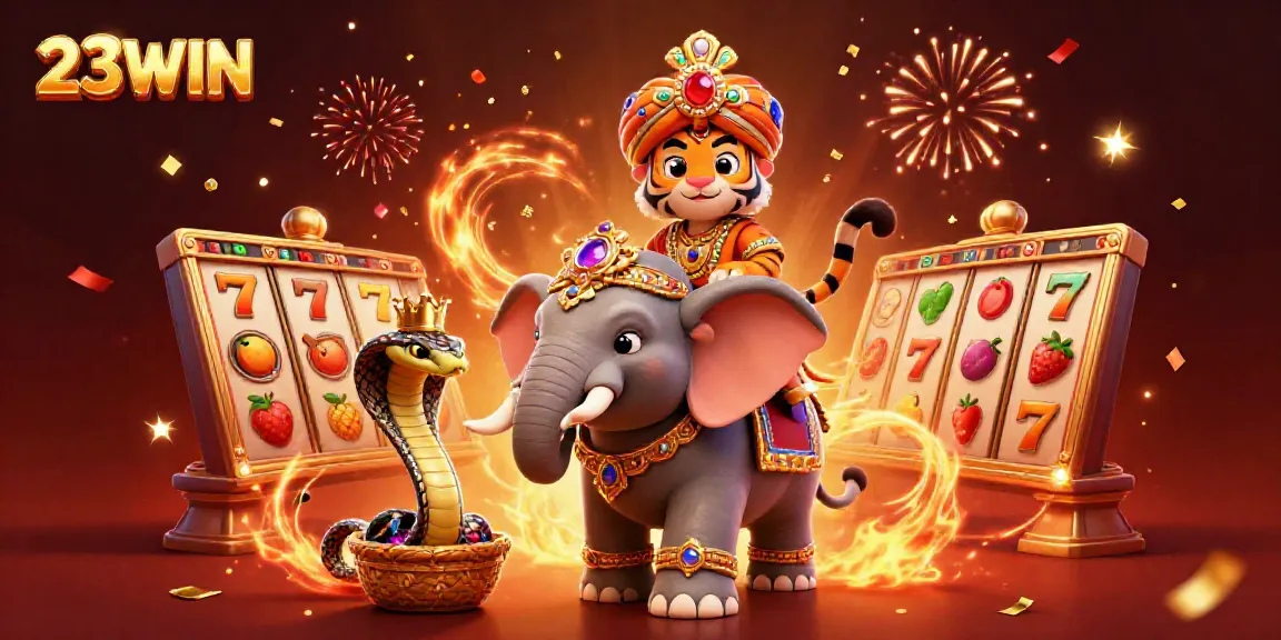 Experience thrilling wins with 23WIN in a vibrant, festive casino illustration.
