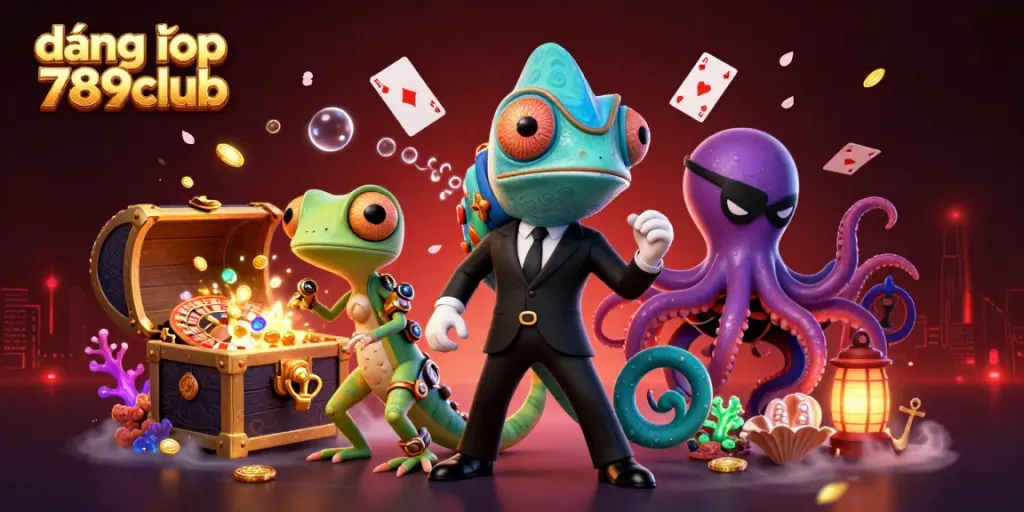 Engage with the vibrant scene of đăng nhập 789club, featuring a dynamic 3D illustration of casino characters amidst floating cards and treasure.