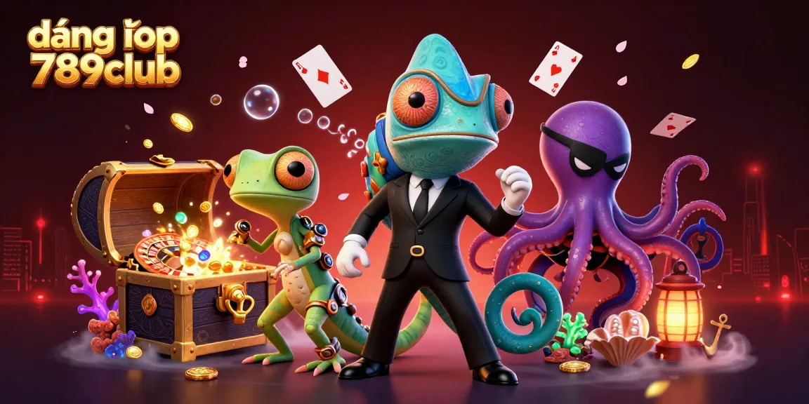 Engage with the vibrant scene of đăng nhập 789club, featuring a dynamic 3D illustration of casino characters amidst floating cards and treasure.