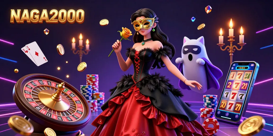 NAGA2000 menampilkan seorang wanita menawan dalam gaun dramatis, dikelilingi oleh elemen kasino seperti koin, kartu, dan roda roulette.