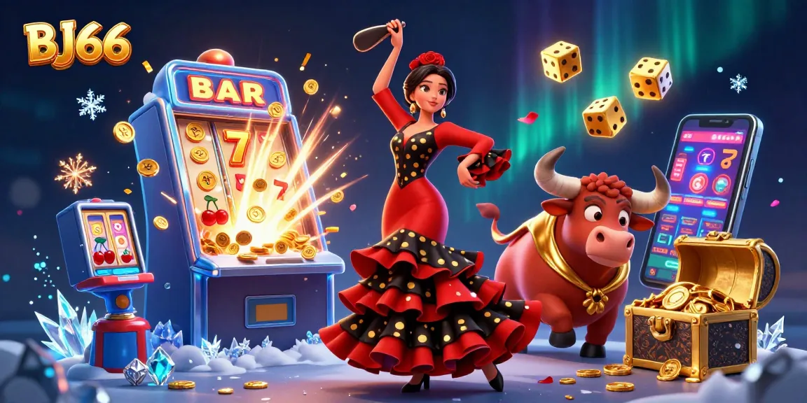 Win big at BJ66 with a vibrant scene of a dancing flamenco woman and a fighting bull amidst casino excitement.