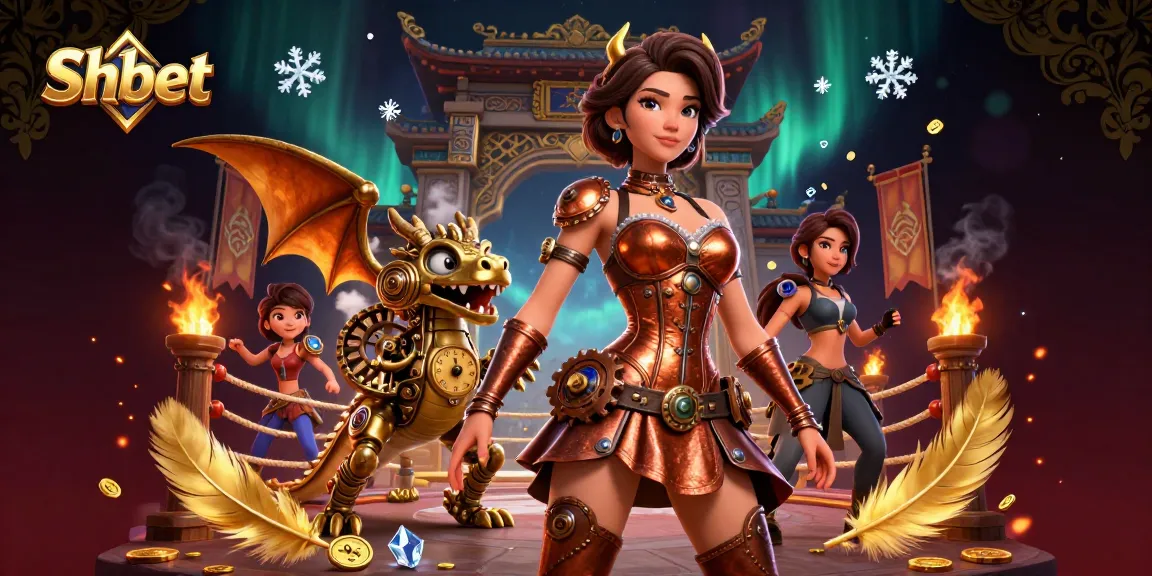 Engage with Shbet in a captivating 3D illustration featuring steampunk characters and dynamic gambling elements.