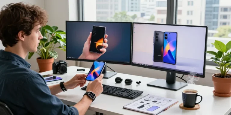 Tech enthusiast analyzing foldable phones 2026 in a modern workspace, vibrant monitors showing phone models.