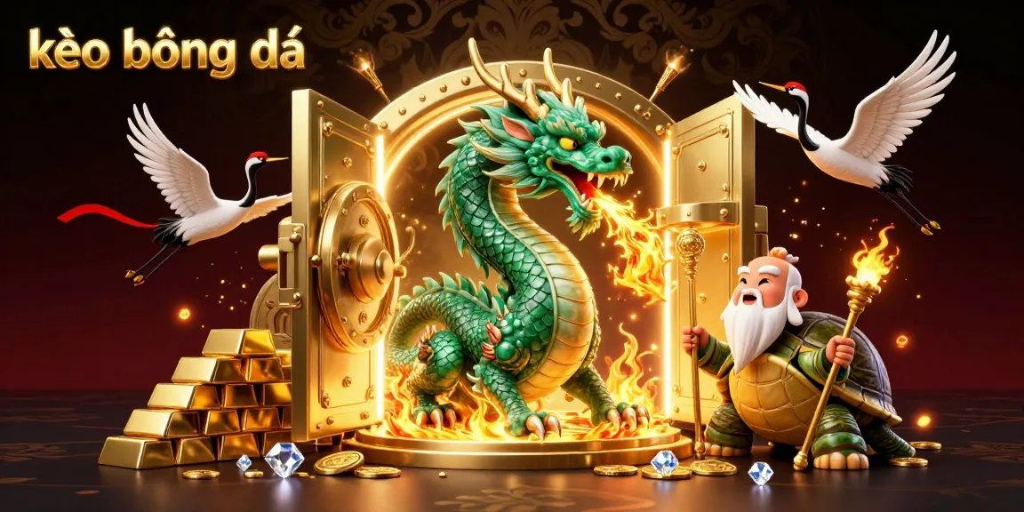 Engage in kèo bóng đá with a vibrant 3D scene featuring a jade dragon, turtle sage, and lucky cranes amidst gold treasures.