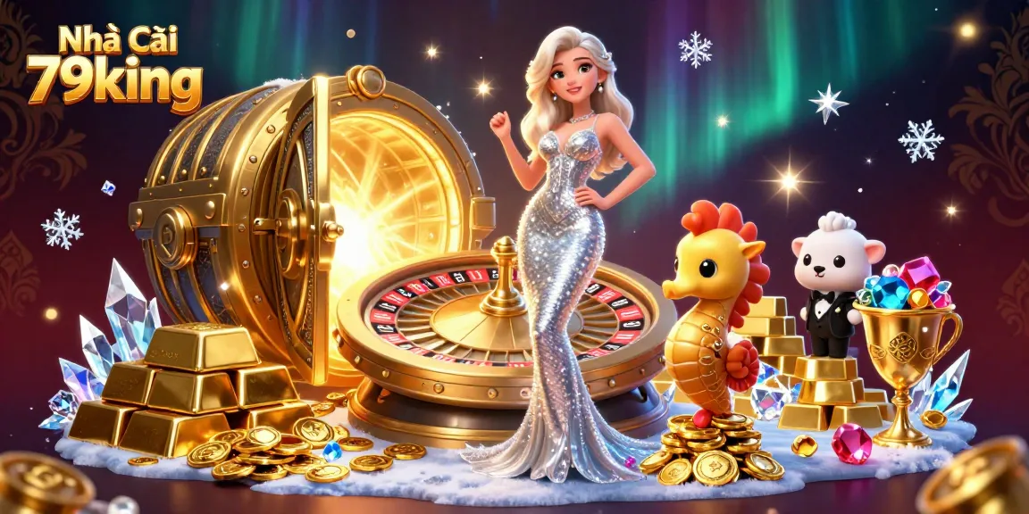 Experience the excitement of Nhà cái 79king with a stunning woman beside a golden roulette wheel and playful seahorse.