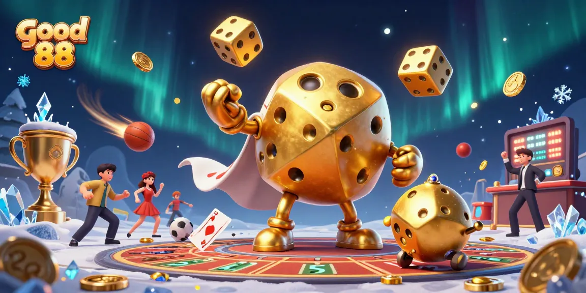 Experience the thrill with good 88 as a lively scene features a golden dice golem juggling and showcasing sports betting excitement.