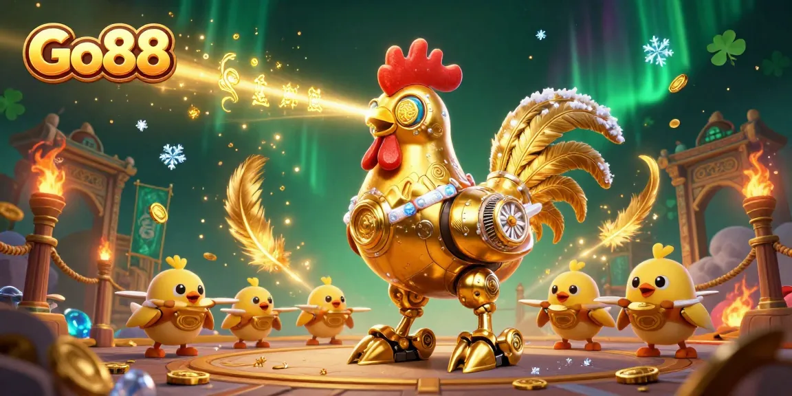 Engage in thrilling gameplay at Go88 with a futuristic golden rooster robot and baby chick drones.