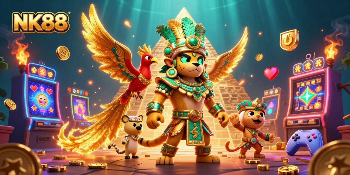 Engage in captivating slots at NK88, featuring a Mayan jaguar priest and vibrant gaming elements.