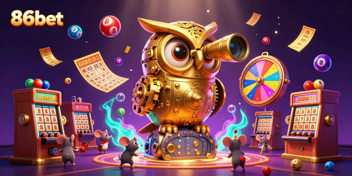 Engage in thrilling 86bet experiences as the golden owl watches over a lively casino scene.