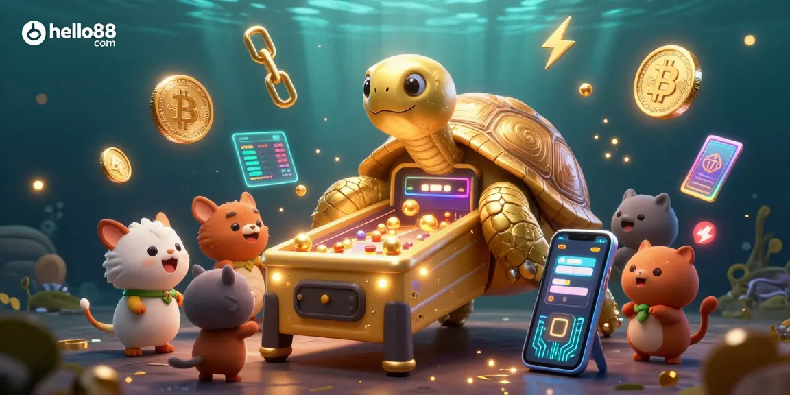 Engage with the exciting world of hello88 com, featuring a playful golden tortoise as a pinball machine in a vibrant casino setting.