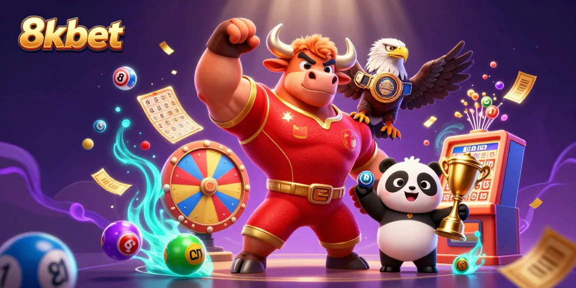Bet on your favorite games with 8xbet featuring a vibrant scene of animated characters celebrating with lottery elements.