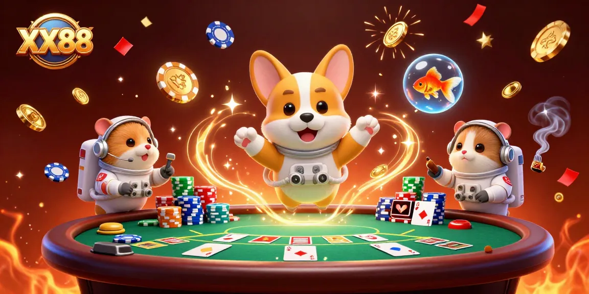 Win big with XX88 while a cartoon corgi enjoys a floating casino adventure.