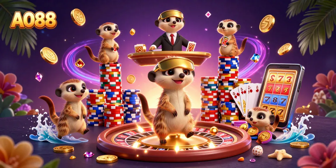 Join the excitement at AO88 casino with a vibrant meerkat casino scene featuring a pit boss and card dealers.