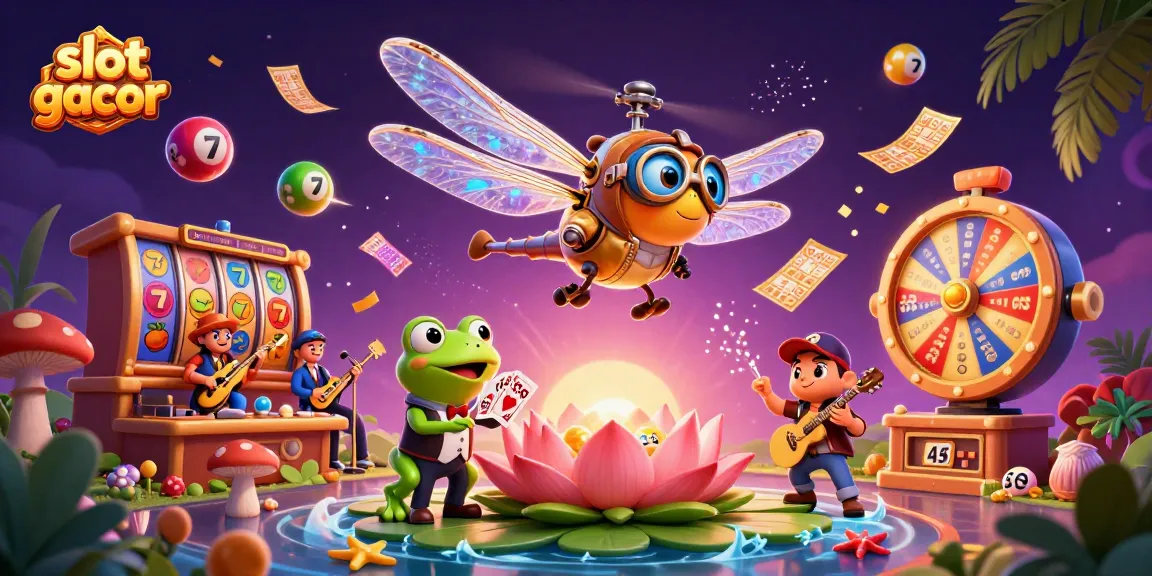 Engage with slot gacor in a vibrant casino scene featuring a playful dragonfly pilot and frog dealer.