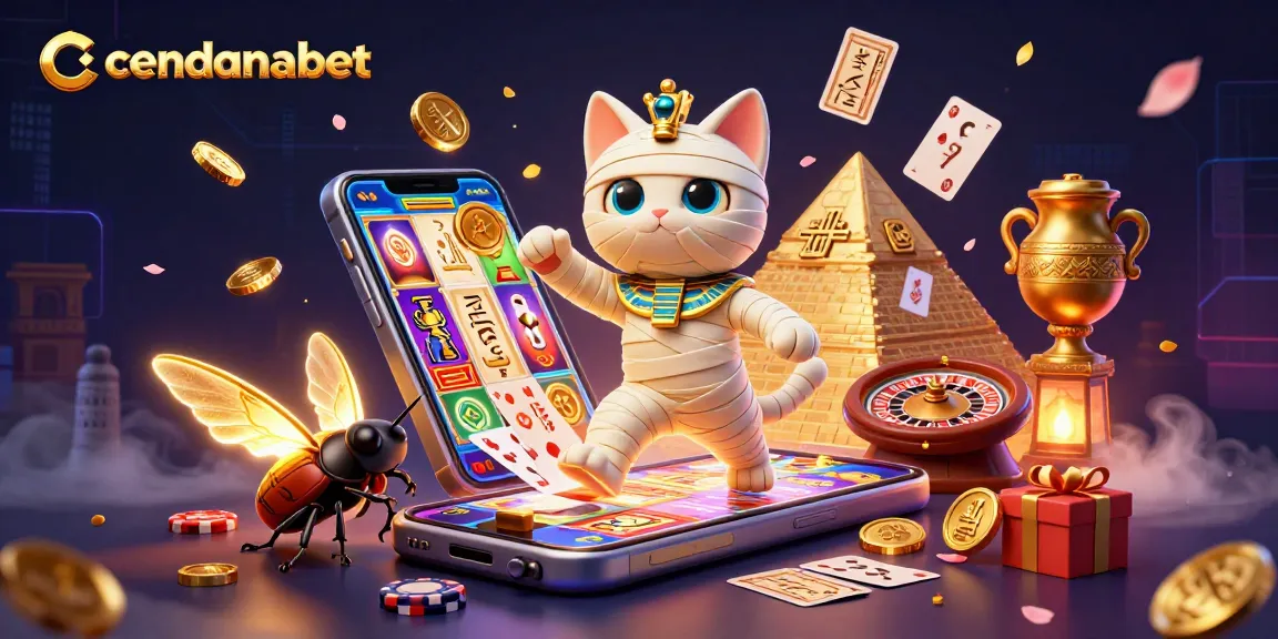 Join the excitement on cendanabet with a vibrant 3D scene showcasing a mummy cat and glowing scarab.