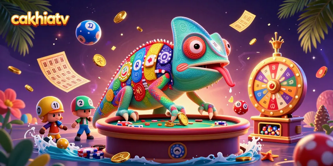 Experience the thrill of cakhiatv with a vibrant gaming scene featuring colorful lottery balls and a casino chameleon.