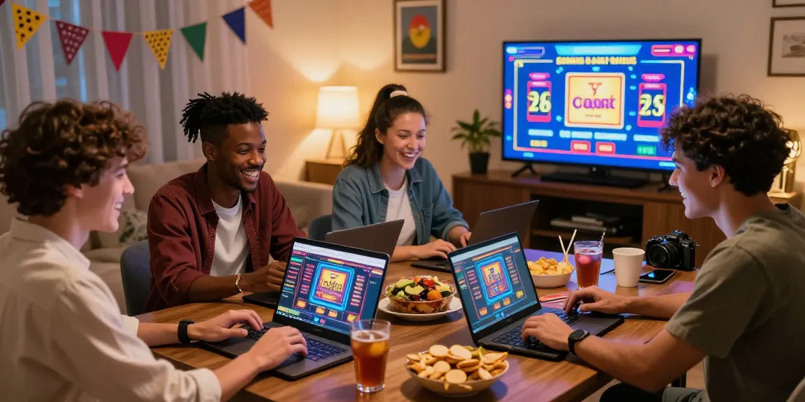 Exciting online gaming night at credit card casinos like https://scoarch.org.uk with friends enjoying slots and bonuses.