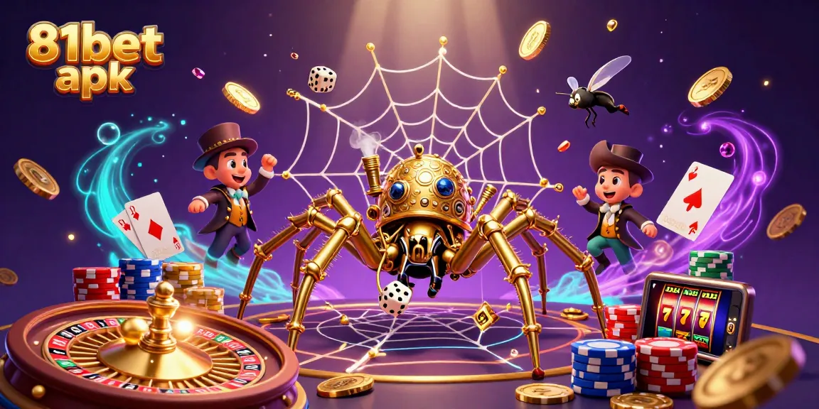 Engage with the thrilling 81bet apk platform featuring a steampunk spider web with poker elements.
