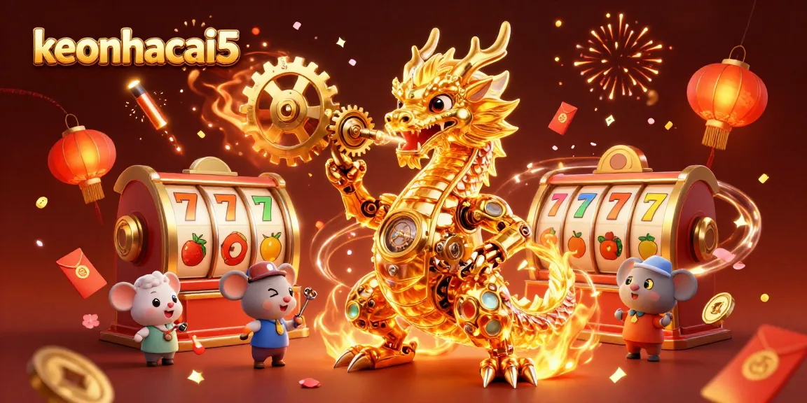 Experience immersive gameplay with keonhacai5 featuring a golden dragon, slot reels, and festive elements.