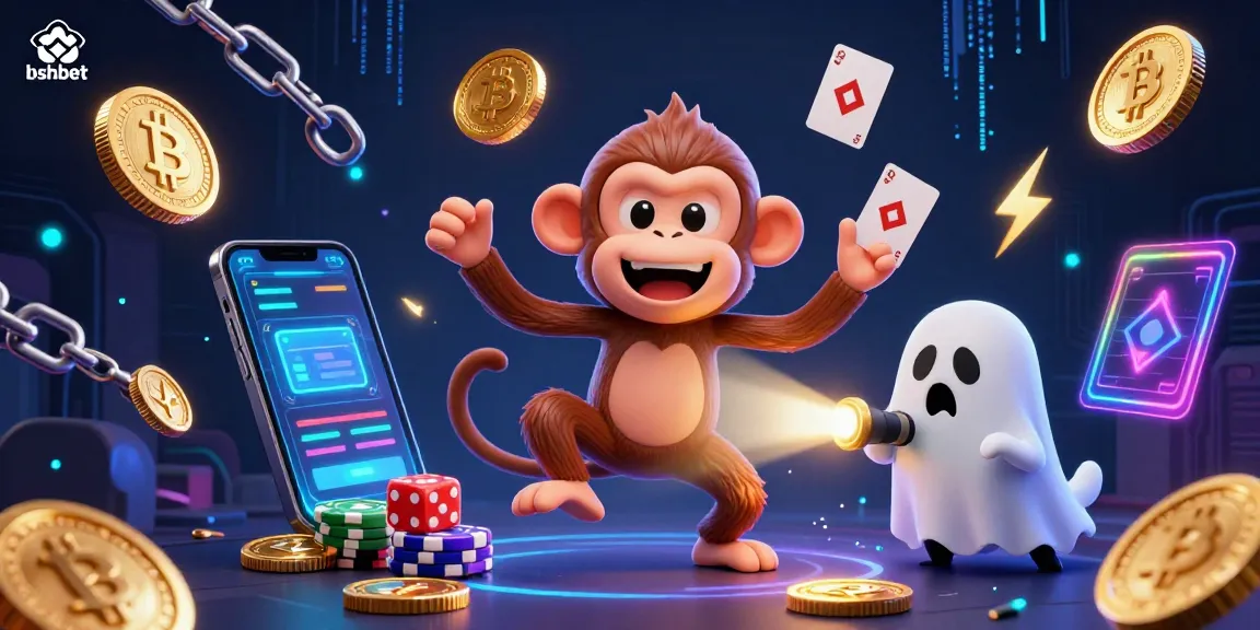 Experience the excitement of bshbet as a mischievous monkey and a curious puppy navigate a haunted casino, filled with dazzling crypto elements.