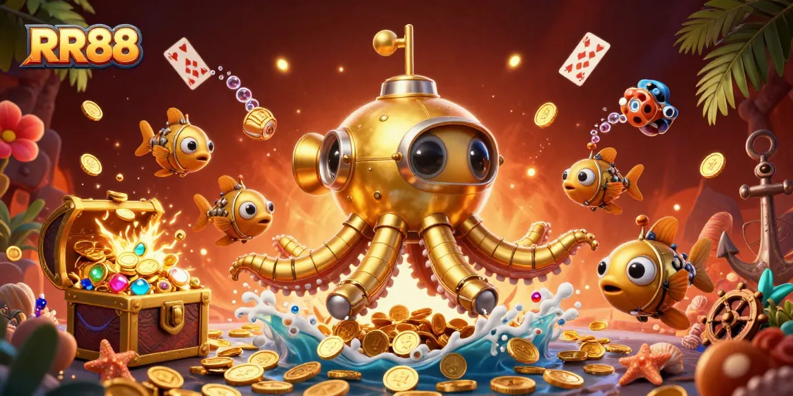 Immerse in RR88's vibrant casino adventure with mechanical fish and golden treasures